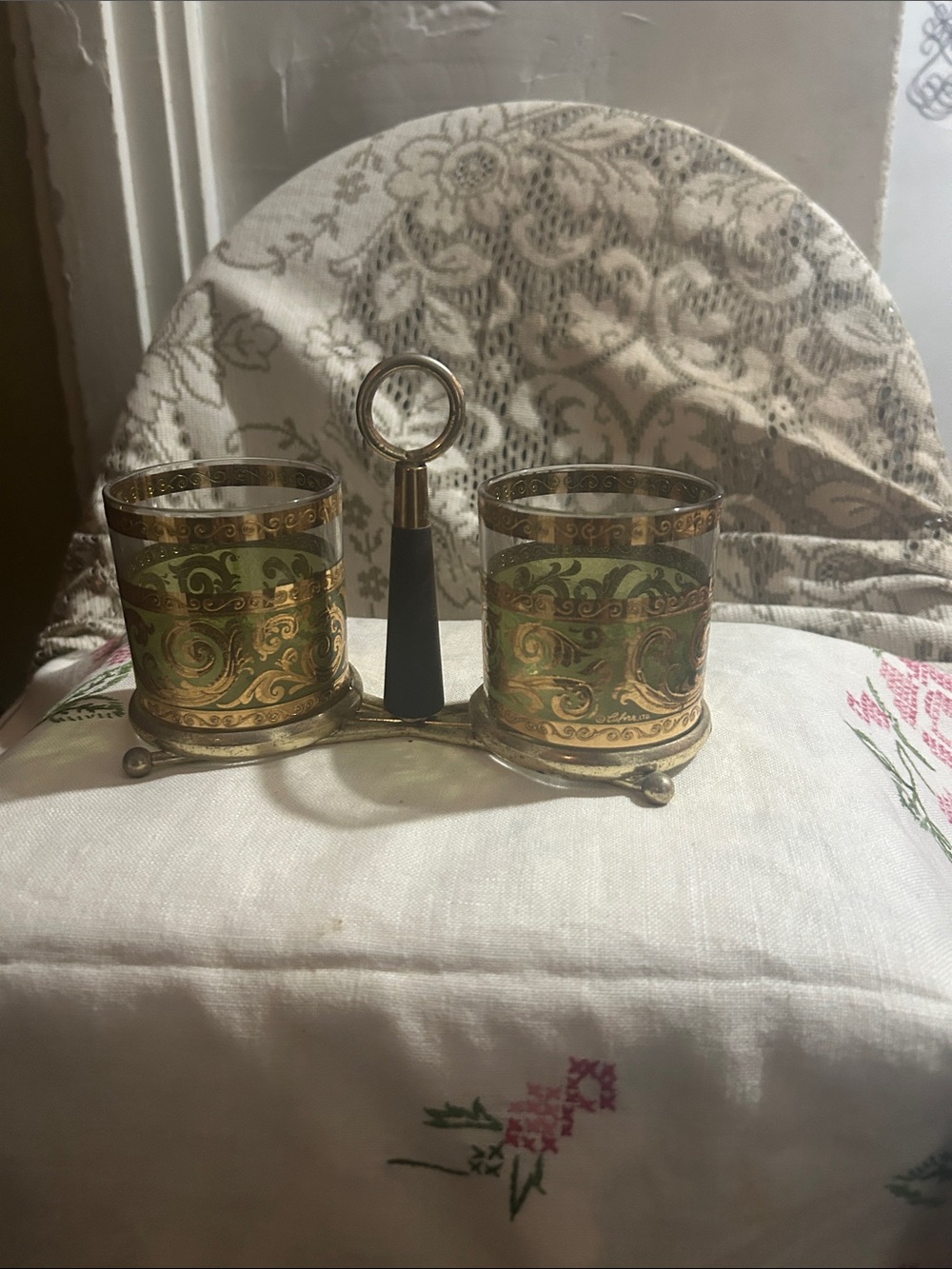 Vintage Style Gold and Green Glass Cruet Holder - Home Accents